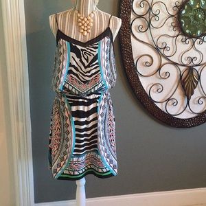 Express Black, White & Teal Printed Spaghetti Strap Mini Dress